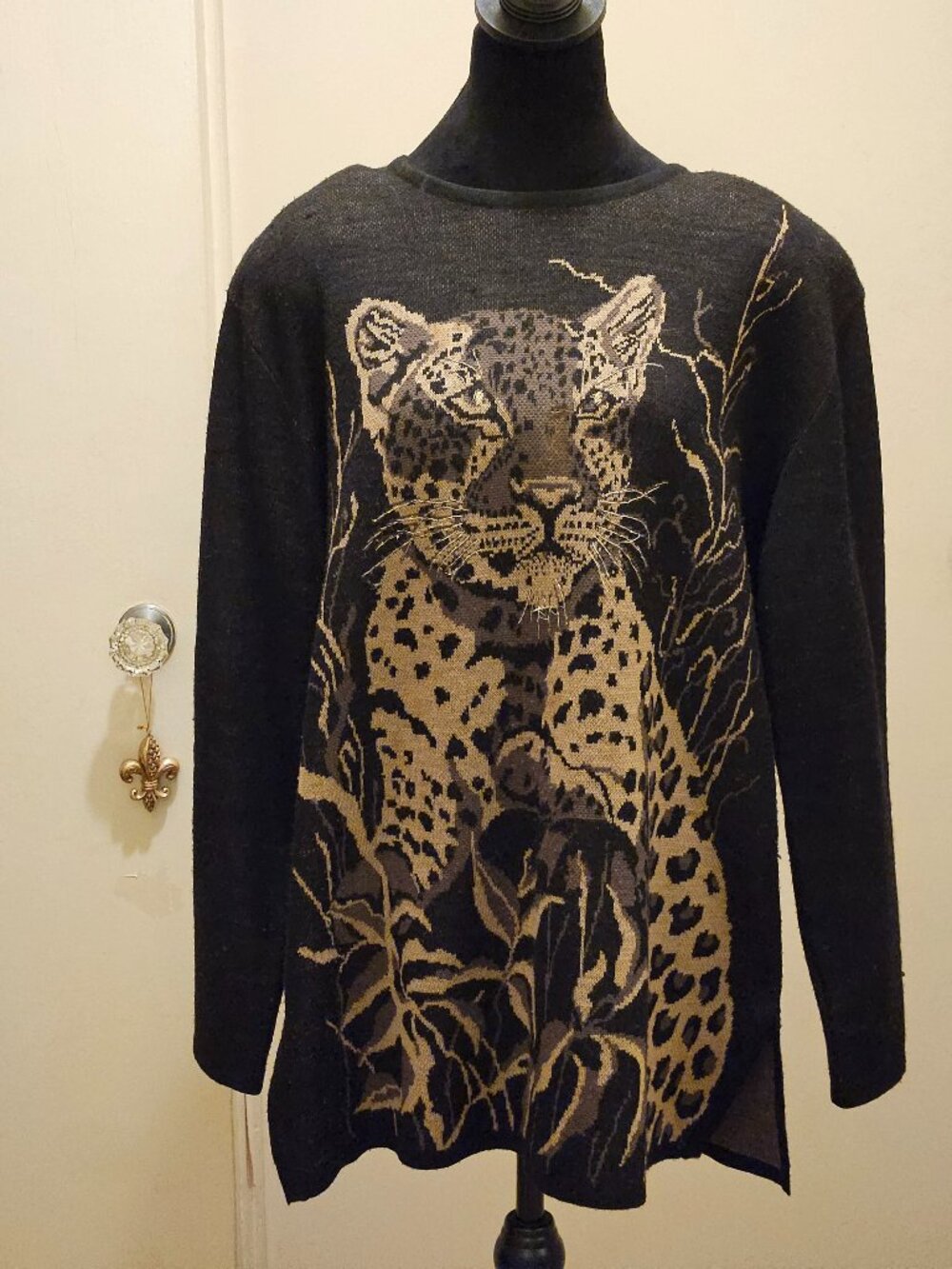 Vtg. Carole Little Knit Full Leopard Cat Pullover Tunic. Wool Blend XL